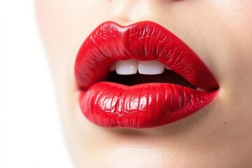 Obraz premium Bold red lipstick, pristine white isolated background, macro, mouth, bright