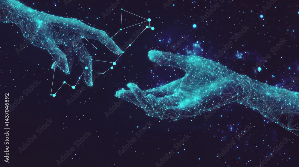 Poster digital connection: abstract rendering of two hands reaching each other in a starry sky