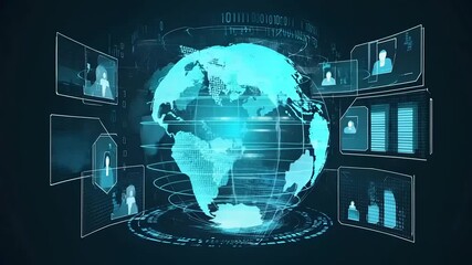 Global network visualization; data, profiles, and statistics displayed around a digital earth - Powered by Adobe