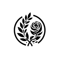 Obraz premium Black & White Floral Logo: Rose and Leaves in a Circle