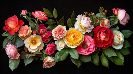 Stunning Colorful Rose Bouquet Arrangement on black background