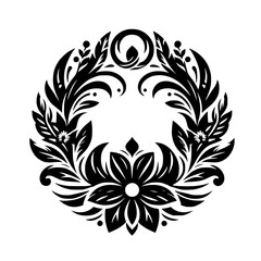 Elegant Floral Wreath, Black and White, Vector Illustration