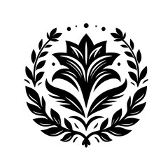 Elegant Black Floral Emblem with Laurel Wreath on White