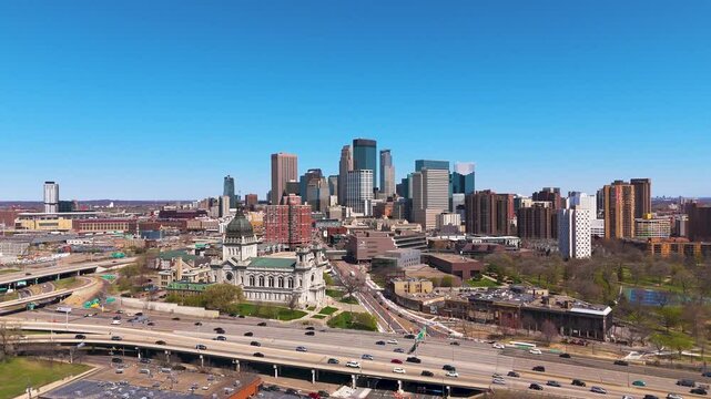 Drone Shot Over Minneapolis Cityscape