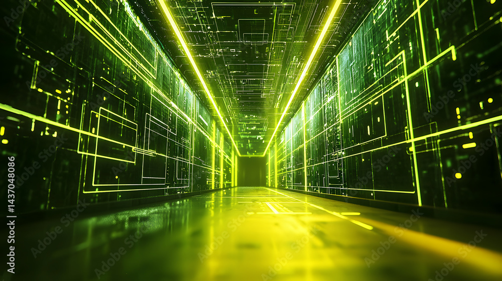 Poster visualizing sustainable tech green digital systems in a futuristic environment