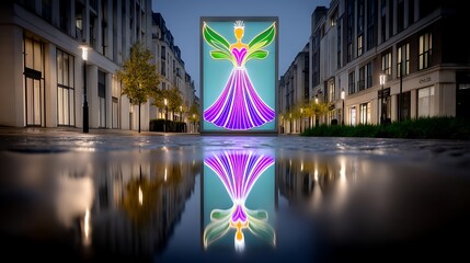 A glowing, colorful, winged figure in a dress is displayed on a city street, reflected in a puddle
