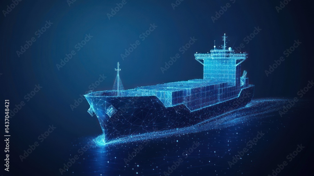 Poster abstract digital representation of a container ship navigating on deep blue sea