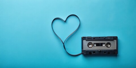A nostalgic audio cassette tape with its magnetic tape forming a heart shape on a vibrant blue background.