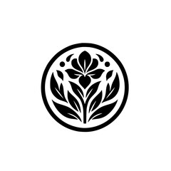 Elegant Black Floral Logo in Circle, Minimalist Design