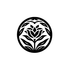 Minimalist Floral Emblem: Black Lotus in Circle, Botanical Logo