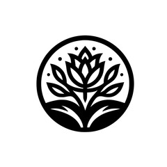 Minimalist Lotus Flower Logo in Circle, Black & White