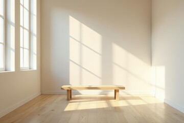 Serene Minimalist Room with Light Streaming Through Windows and Simple Wooden Bench