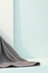 Naklejka premium A Soft Grey Textured Throw Draped Elegantly Against a Minimalist Pale Blue and White Background, Perfect for Home Decor or Textile Product Displays