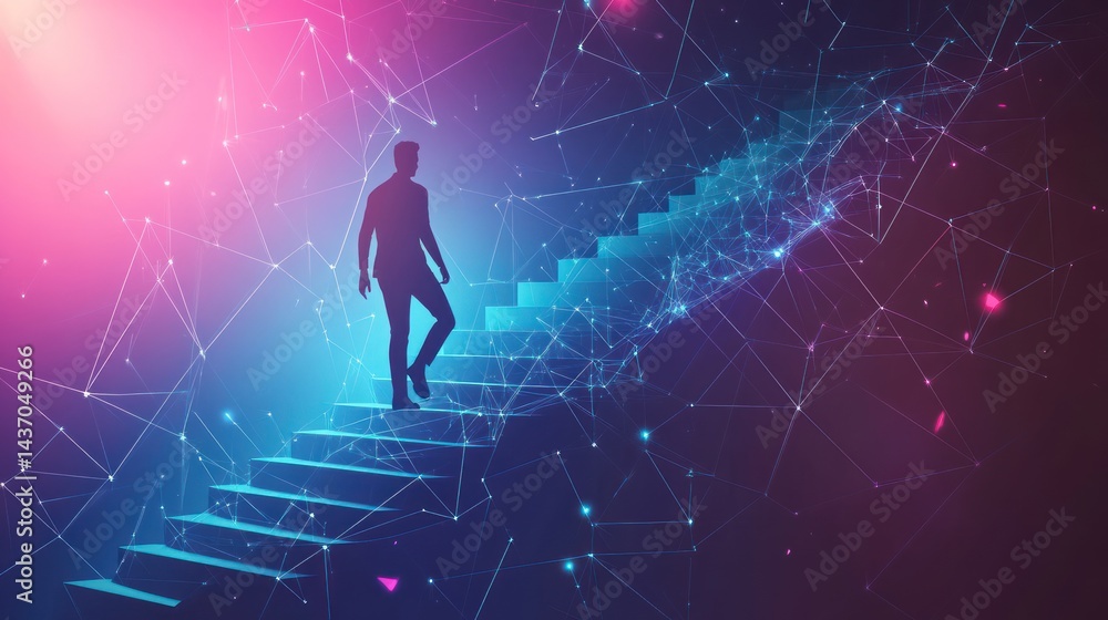 Poster silhouette ascending virtual stairs amidst a network of connected data points