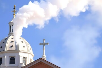 White smoke rises from the chapel chimney, indicating the successful election of a new pope during the papal conclave, incense sticks in a temple, smoke from chimney, old church steeple, 