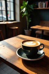 Obraz premium Aromatic Coffee Break Sunlit Latte on Rustic Wooden Table in a Cozy Cafe
