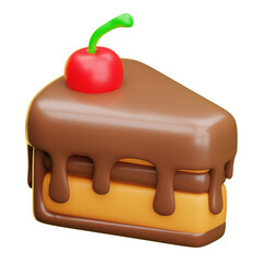 Delicious 3d cake slice with chocolate icing and cherry on transparent background