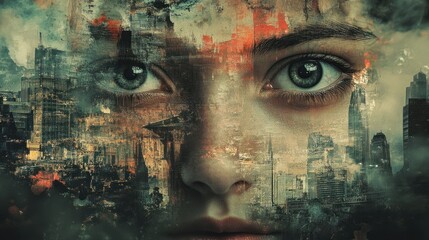 A woman's face, overlaid with a distressed city
