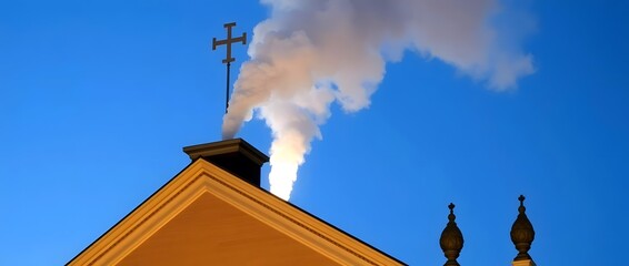 smoke from chimney, old church steeple, indicating the successful election of a new pope during the papal conclave, White smoke rises from the chapel chimney,  incense sticks in a temple, 