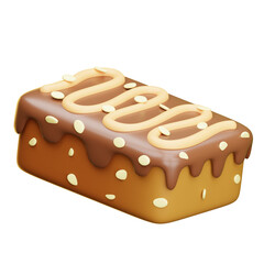 Delicious 3d chocolate coated caramel cake bar with nuts on transparent background
