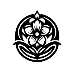 Elegant Floral Emblem: Black & White Design on White Background