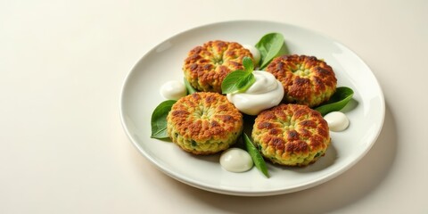 Fototapeta premium Delicious Savory Herb Fritters Served on a Plate with Creamy Sauce and Fresh Greens