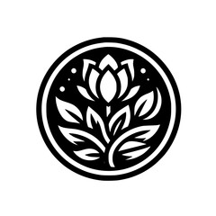 Minimalist Lotus Flower Emblem in Circular Frame, Black and White Design