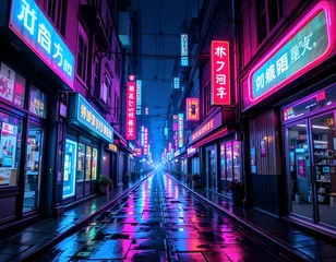  neon-lit narrow city street at night with pink and blue lights reflecting on wet pavement © Thebro 