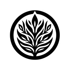 Minimalist Nature Emblem: Black Leaves in Circle, Isolated