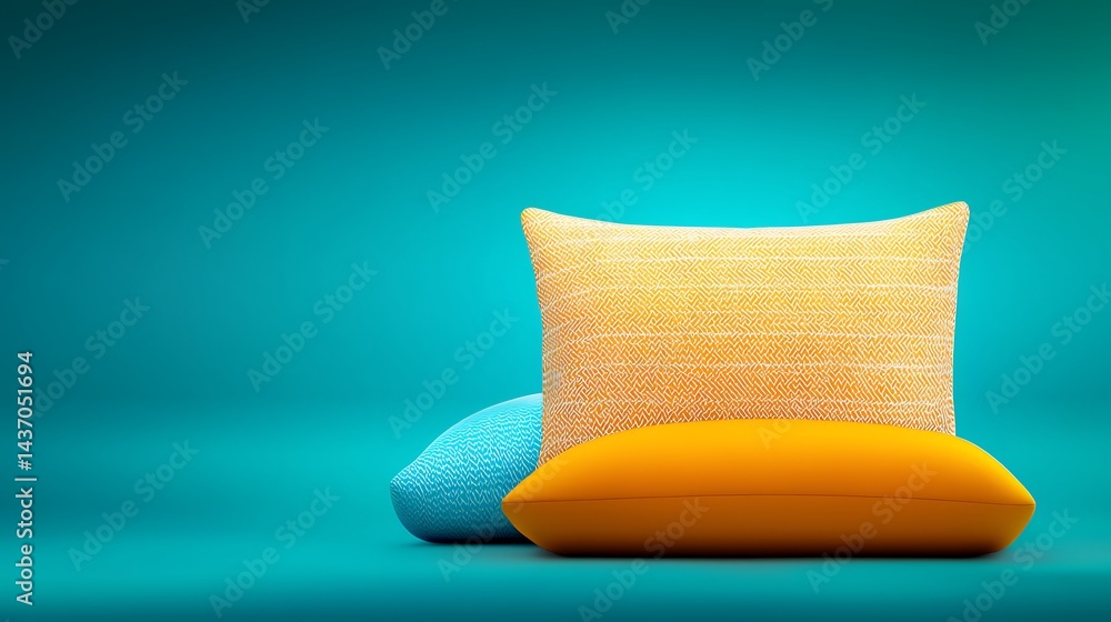 Poster vibrant decorative cushions in calm setting with soft textures and colorful background