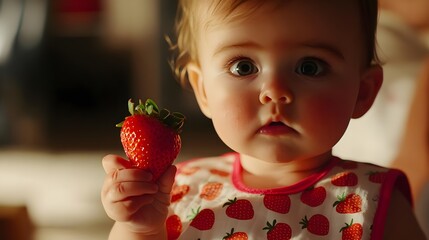Curious Baby Holding a Strawberry in Bright Indoor Light