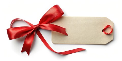 Elegant cream gift tag adorned with a vibrant red satin ribbon bow