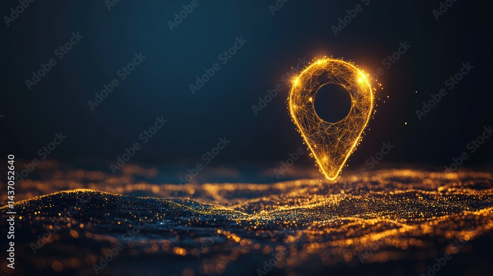 Aufkleber golden location pointer over shimmering landscape in dark ethereal scene