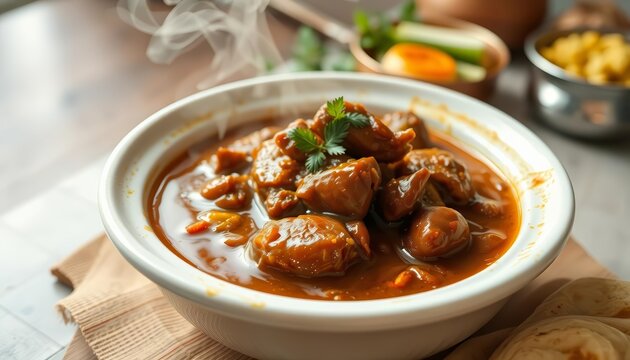 Steaming bowl of Nihari, rich brown gravy, tender meat, Rich, Brown Gravy