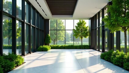 Fototapeta premium Sleek office building with floor-to-ceiling windows, surrounded by lush greenery, commercial, bushes