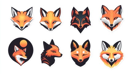 Obraz premium Eight fox head illustrations; diverse styles; white background; design elements