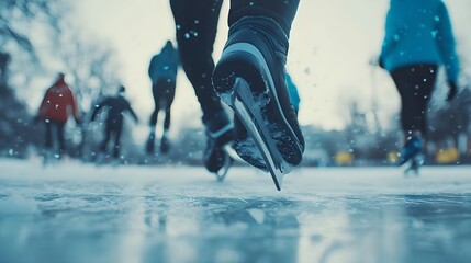 Ice Skater Gliding on a Snowy Rink with Blurred Background Action