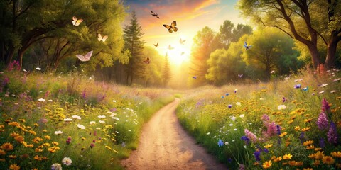 Fototapeta premium Sunlit Path Through a Vibrant Wildflower Meadow with Butterflies