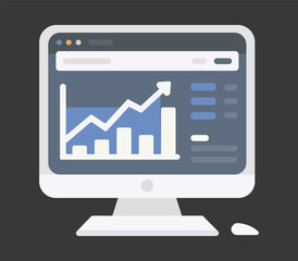 Web analytic information on Computer screen flat icon. trend graphs report concept. statistic charts for planning and accounting, analysis, audit,	
