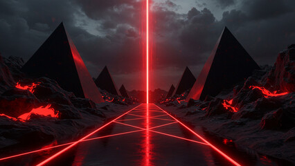 Futuristic Landscape with Glowing Red Lines and Dark Pyramids