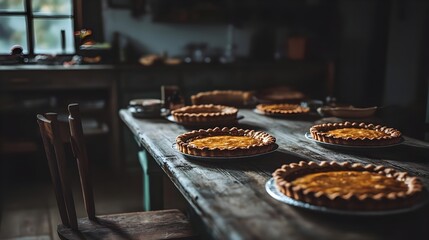 Freshly Baked Golden Pies on Rustic Wooden Table Setting