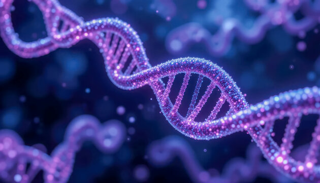 Close-up of a shimmering, purple DNA double helix, rendered in striking detail against a dark blue background.  The image evokes a sense of scientific wonder and the complexity of genetic code.