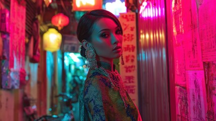 Fototapeta premium A woman portraits vibrant street life with colorful lights.