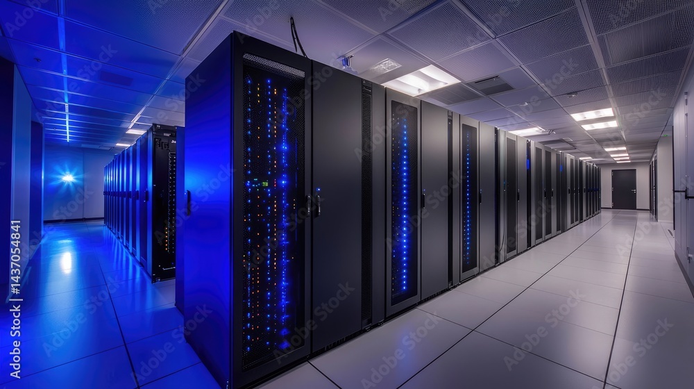 Poster modern data center with black server racks and blue ambient lighting, perfect for showcasing cloud c