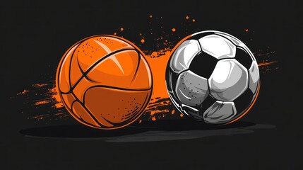 Fototapeta premium Basketball and soccer ball clash; dark background; sports competition graphic