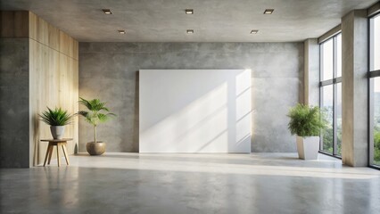 Modern minimalist interior design showcasing a blank canvas against a textured wall, complemented by potted plants and natural wood accents in a sunlit space.