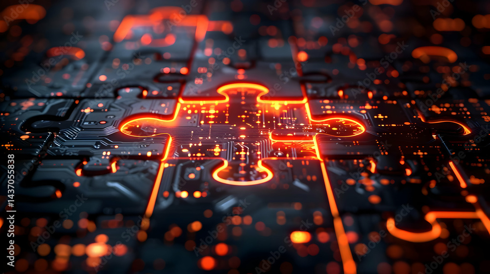 Poster intricate technological puzzle piece glowing with inner circuitry.