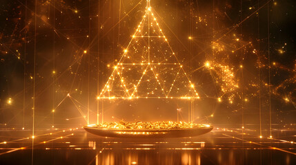 Golden geometric pyramid structure floating above a glowing surface.