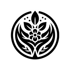 Elegant Black and White Floral Crest Logo, Round Emblem Design