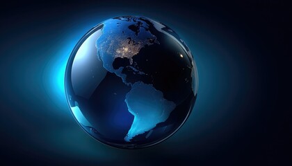 Fototapeta premium A glowing blue Earth is depicted against a dark background, highlighting city lights in North and South America.
